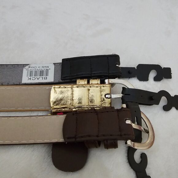 LOT of 3 NEW Women's XL Skinny Belts Black Gold Brown Faux Leather Buckle Set - Picture 6 of 8
